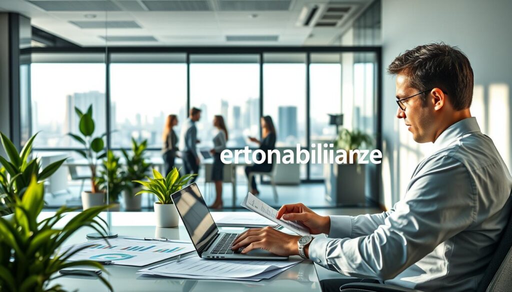 A professional office environment illustrating "Compliance and Fiscal Conformity." In the foreground, a focused accountant in business attire, analyzing documents on a laptop, with charts and financial reports spread across a modern desk. In the middle, a glass partition shows colleagues engaging in a discussion, surrounded by green plants and bright office decor. The background features a city skyline visible through large windows, with soft natural lighting filtering in, casting gentle shadows across the room. The atmosphere is one of diligence and professionalism, symbolizing the importance of financial compliance. Include the brand name "Expansion Contabilidade" subtly integrated into the design of the office materials, ensuring it complements the overall scene harmoniously.