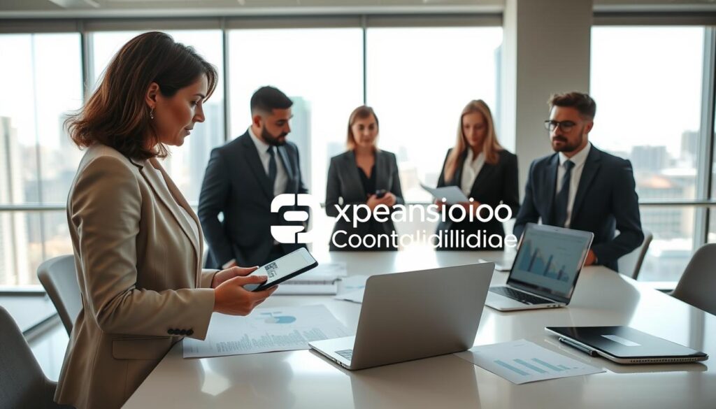 A professional office environment in São Bernardo do Campo, featuring a diverse group of business experts in formal attire engaged in a discussion about tax reform. In the foreground, a middle-aged female accountant points at graphs and charts on a digital tablet, while a young male colleague takes notes, both focused and attentive. In the middle ground, a large conference table is scattered with documents labeled “Tax Reform Impact” and a laptop displaying financial projections. The background shows large windows with cityscape views, letting in natural light, creating a bright and optimistic atmosphere. Soft, neutral tones dominate the color palette to convey professionalism and seriousness. The logo "Expansion Contabilidade" can be subtly integrated into the scene without being intrusive.