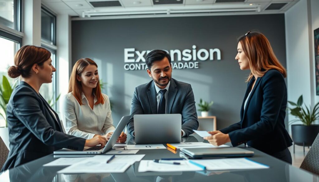 A professional office scene depicting a seamless process of switching accountants for a business. In the foreground, a diverse group of professionals in business attire (a Caucasian woman, an Asian man, and a Latino woman) are engaged in a discussion around a conference table filled with documents and laptops. The middle ground features a large window with natural light streaming in, illuminating the room, which is decorated with plants and modern furnishings. In the background, a wall displays the brand name "Expansion Contabilidade" prominently. The atmosphere is one of collaboration and focus, reflecting a serious and optimistic mood. Lighting is bright and inviting, suggesting a fresh start and new opportunities in business. A professional office scene depicting a seamless process of switching accountants for a business. In the foreground, a diverse group of professionals in business attire (a Caucasian woman, an Asian man, and a Latino woman) are engaged in a discussion around a conference table filled with documents and laptops. The middle ground features a large window with natural light streaming in, illuminating the room, which is decorated with plants and modern furnishings. In the background, a wall displays the brand name "Expansion Contabilidade" prominently. The atmosphere is one of collaboration and focus, reflecting a serious and optimistic mood. Lighting is bright and inviting, suggesting a fresh start and new opportunities in business.
