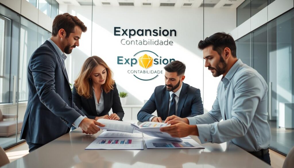 A professional office scene set in São Bernardo do Campo, featuring a diverse group of business professionals engaged in a strategy meeting about the "Lucro Real" taxation model. In the foreground, three individuals in smart business attire are analyzing charts and documents on a large table, showcasing their focused expressions. In the middle ground, a sleek modern conference room with glass walls, filled with natural light streaming through large windows. In the background, a prominent logo of "Expansion Contabilidade" is displayed on a wall, highlighting their expertise in business finance. The atmosphere is one of collaboration and ambition, with a vibrant yet professional color palette that conveys motivation and growth. Use a wide-angle lens to capture the entire scene, ensuring a bright, inviting mood.