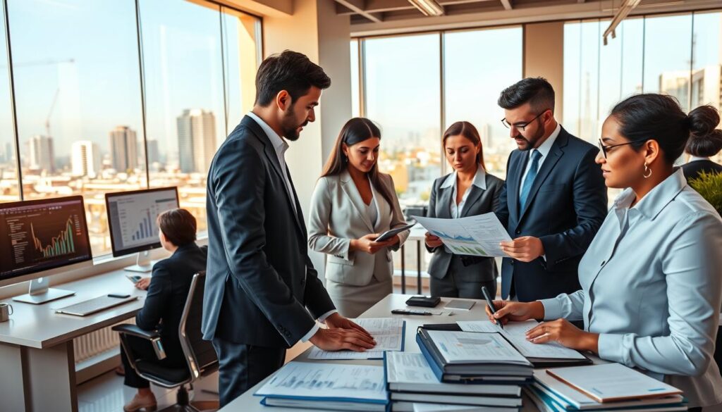 A professional office scene showcasing "Expansion Contabilidade," a firm specializing in accounting services for industries in São Bernardo do Campo. In the foreground, a diverse group of business professionals in formal attire, analyzing financial reports and discussing strategies to enhance digital visibility for industries. The middle ground features a modern workspace with sleek desks, computers displaying analytics graphs, and accounting books neatly arranged. The background includes large windows with a view of the São Bernardo do Campo skyline, bathed in warm natural light, creating an inviting atmosphere. The focus is on collaboration and expertise, highlighting the importance of SEO and digital presence for industrial clients. The overall mood is professional, dynamic, and forward-thinking.