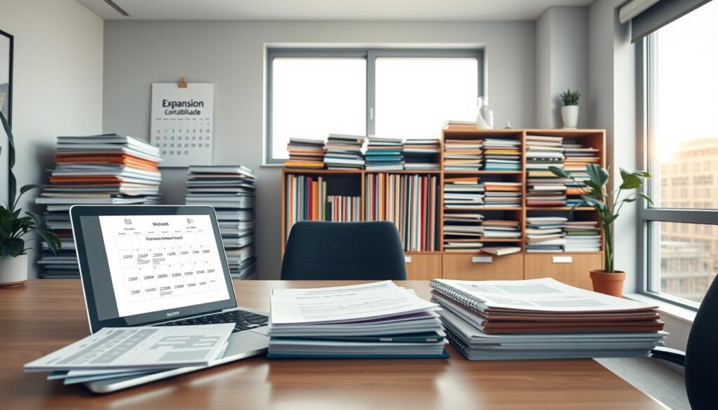 A professional office scene showcasing a well-organized fiscal document management area, with neatly stacked files and folders labeled for quick reference. In the foreground, a stylish office desk holds a laptop, financial reports, and a calendar marked with deadlines. The middle section features an open filing cabinet filled with color-coded folders, emphasizing meticulous documentation. The background includes a large window letting in natural light, casting a warm glow over the room, enhancing productivity and focus. The atmosphere is calm and efficient, reflecting professionalism. Include subtle branding elements of "Expansion Contabilidade" on a wall calendar or a desk item, to emphasize trust and expertise in accounting. Use a wide-angle lens to capture the entire space, ensuring clarity and detail in every aspect of the organization.