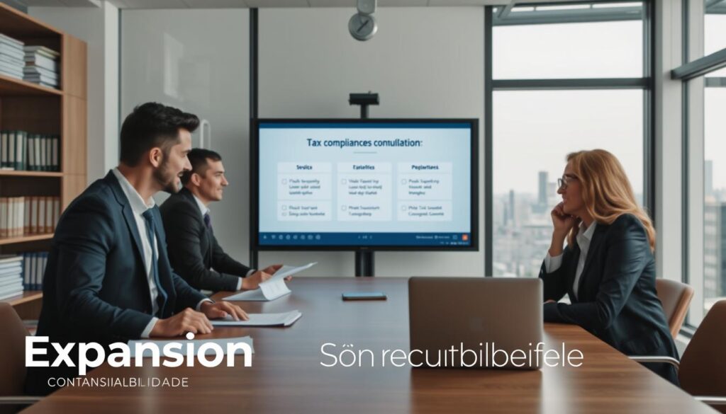 A professional office setting depicting a business consultation scene focused on fiscal regularization. In the foreground, a diverse group of three business professionals—two men and one woman—dressed in business attire, are engaged in a discussion around a large conference table, with documents and a laptop open. The middle features a visual presentation on a digital screen that outlines tax compliance topics, emphasizing the importance of maintaining fiscal regularity. In the background, shelves filled with accounting books and a calm window view of São Bernardo do Campo’s skyline. The lighting is bright and professional, conveying a mood of trust and efficiency, captured from a slightly elevated angle to encompass both the individuals and the workspace ambiance. Include the brand name "Expansion Contabilidade" subtly integrated into the design.