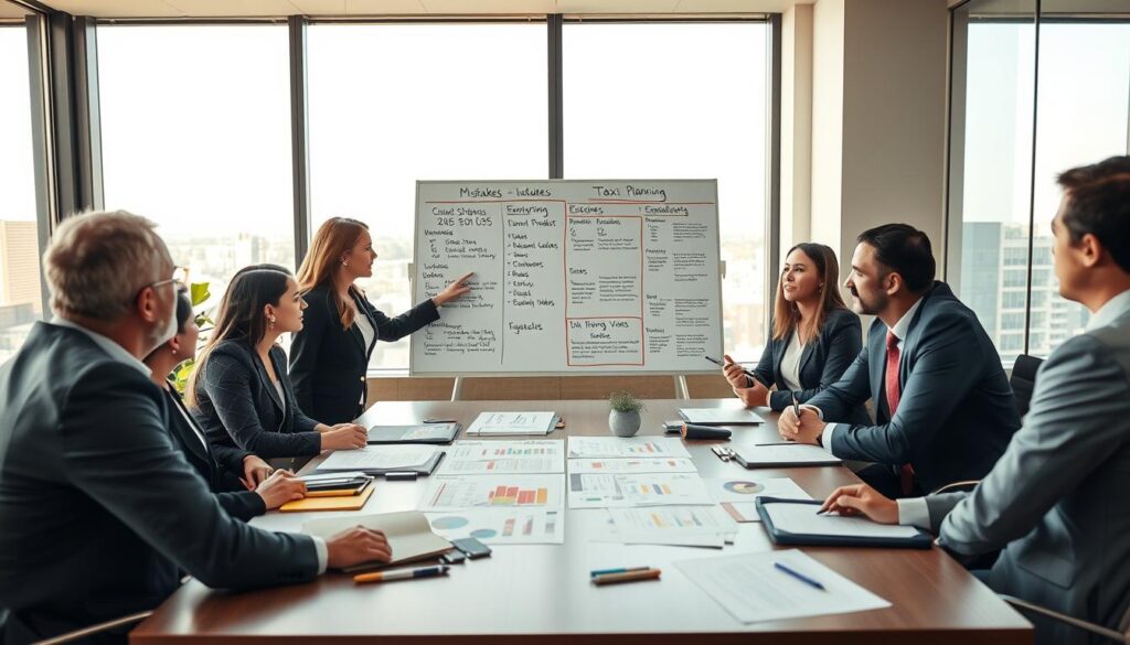 A professional office setting featuring a group of diverse business professionals engaged in a discussion around a large table filled with documents and colorful charts. In the foreground, a woman in business attire points at a specific chart, illustrating common mistakes in tax planning, while two men listen attentively, taking notes. The middle ground shows a large whiteboard filled with tax strategies and errors highlighted in red, creating a sense of urgency. In the background, a window reveals a cityscape of São Bernardo do Campo, with soft, natural lighting filtering in, establishing a professional yet approachable atmosphere. The brand name "Expansion Contabilidade" subtly integrated into the room's decor, conveying a focus on tax planning for industries. The image captures a mood of collaboration and learning, crucial for avoiding common tax planning errors. A professional office setting featuring a group of diverse business professionals engaged in a discussion around a large table filled with documents and colorful charts. In the foreground, a woman in business attire points at a specific chart, illustrating common mistakes in tax planning, while two men listen attentively, taking notes. The middle ground shows a large whiteboard filled with tax strategies and errors highlighted in red, creating a sense of urgency. In the background, a window reveals a cityscape of São Bernardo do Campo, with soft, natural lighting filtering in, establishing a professional yet approachable atmosphere. The brand name "Expansion Contabilidade" subtly integrated into the room's decor, conveying a focus on tax planning for industries. The image captures a mood of collaboration and learning, crucial for avoiding common tax planning errors.