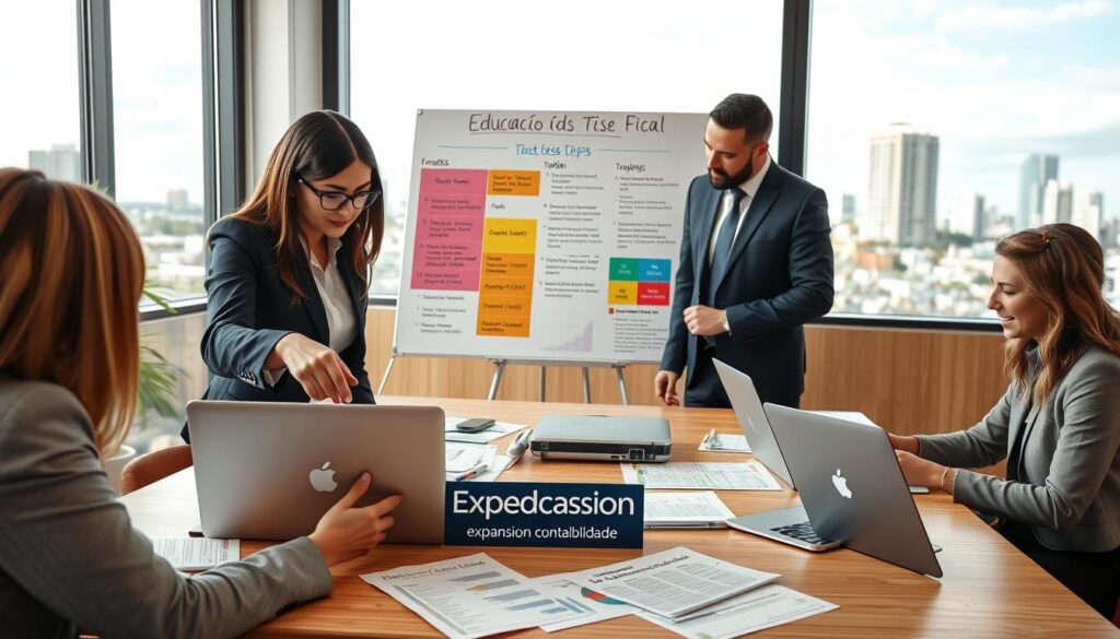A professional office setting focused on "educação fiscal," showcasing a diverse group of business professionals collaborating around a table with financial documents and laptops. The foreground features a woman in smart business attire, pointing to a chart on a laptop screen, while a man in a suit takes notes beside her. In the middle, a whiteboard filled with color-coded tax strategies and educational tips is prominently displayed. The background includes a large window letting in natural light, revealing an urban skyline of São Bernardo do Campo. The atmosphere is one of teamwork and learning, with an emphasis on financial discipline. Incorporate the brand name "Expansion Contabilidade" subtly on one of the documents on the table. Use soft lighting to create a warm, inviting environment. A professional office setting focused on "educação fiscal," showcasing a diverse group of business professionals collaborating around a table with financial documents and laptops. The foreground features a woman in smart business attire, pointing to a chart on a laptop screen, while a man in a suit takes notes beside her. In the middle, a whiteboard filled with color-coded tax strategies and educational tips is prominently displayed. The background includes a large window letting in natural light, revealing an urban skyline of São Bernardo do Campo. The atmosphere is one of teamwork and learning, with an emphasis on financial discipline. Incorporate the brand name "Expansion Contabilidade" subtly on one of the documents on the table. Use soft lighting to create a warm, inviting environment.