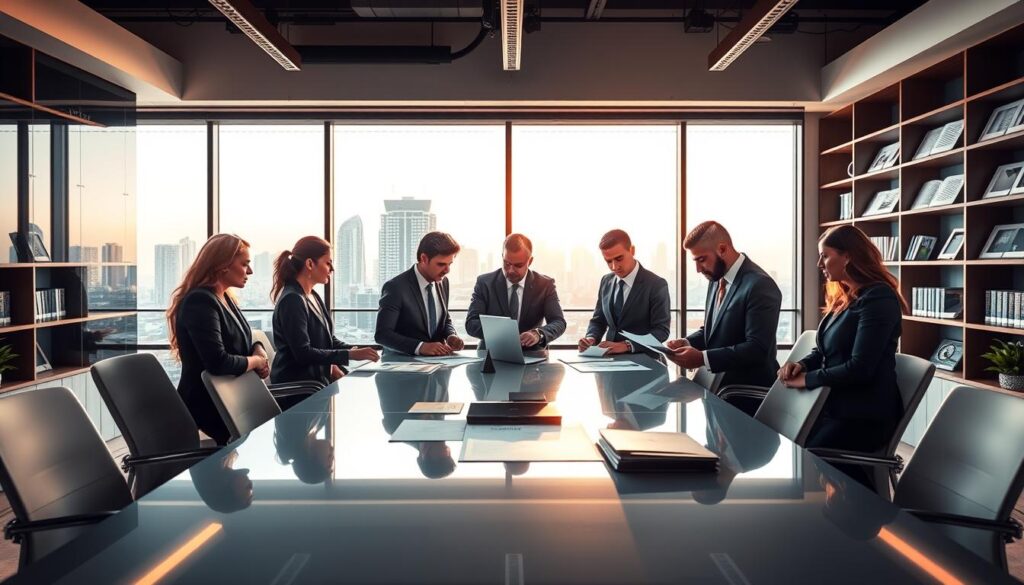 A professional office setting in São Bernardo do Campo, showcasing a modern accounting firm named "Expansion Contabilidade." In the foreground, a diverse group of business professionals in smart business attire discuss financial documents around a sleek conference table. The middle ground features a large window offering a view of the city, with sunlight casting warm rays into the room, creating an inviting atmosphere. In the background, shelves lined with accounting books and financial charts adorn the walls, emphasizing the importance of SEO in boosting business visibility. The overall mood is one of collaboration and innovation, highlighting the crucial role of accounting in navigating tax reforms. The image should be captured from a slightly elevated angle, ensuring all elements are in focus for a polished, professional aesthetic.
