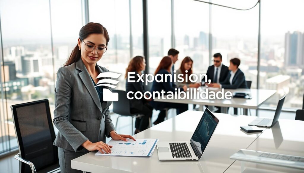 A professional office setting in São Bernardo do Campo showcasing the theme of reducing tax costs in industry. In the foreground, a confident businesswoman in smart business attire reviews documents on a sleek desk adorned with spreadsheets and a laptop displaying graphs. The middle ground features a diverse team of professionals brainstorming at a large table, all dressed in formal business wear, with papers and calculators spread out. In the background, a glass-walled office reveals a city skyline, suggesting a vibrant business environment. Bright, natural lighting filters through large windows, creating a productive atmosphere. The branding "Expansion Contabilidade" subtly integrated into the workspace. The overall mood is focused and optimistic, symbolizing financial growth and strategic planning. A professional office setting in São Bernardo do Campo showcasing the theme of reducing tax costs in industry. In the foreground, a confident businesswoman in smart business attire reviews documents on a sleek desk adorned with spreadsheets and a laptop displaying graphs. The middle ground features a diverse team of professionals brainstorming at a large table, all dressed in formal business wear, with papers and calculators spread out. In the background, a glass-walled office reveals a city skyline, suggesting a vibrant business environment. Bright, natural lighting filters through large windows, creating a productive atmosphere. The branding "Expansion Contabilidade" subtly integrated into the workspace. The overall mood is focused and optimistic, symbolizing financial growth and strategic planning.