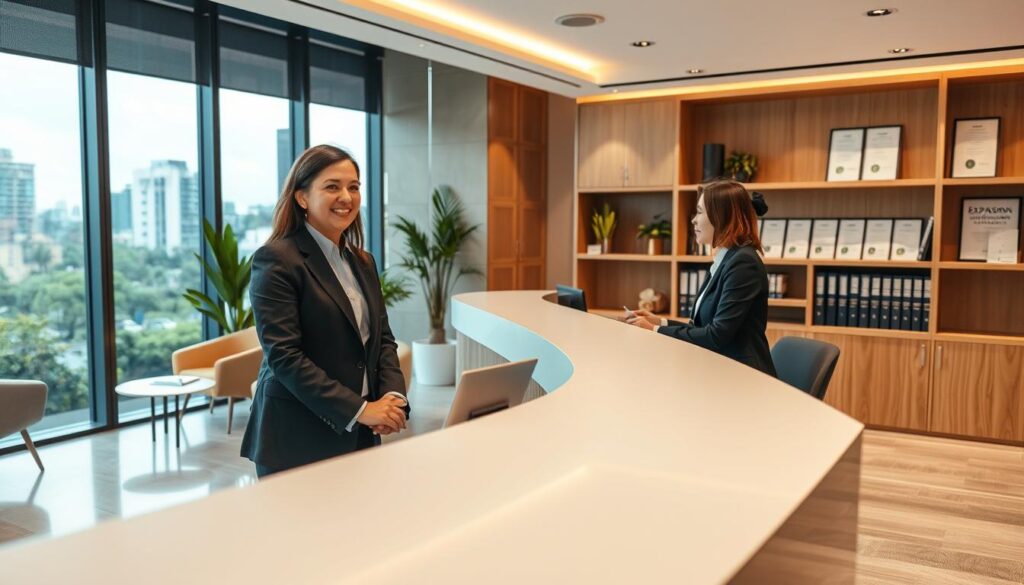 A professional scene representing "atendimento presencial em São Bernardo do Campo" for "Expansion Contabilidade". In the foreground, a business consultant in professional attire, helping a client at a sleek reception desk. The consultant has a welcoming smile, while the client looks engaged and interested in the conversation. The middle ground features a modern office environment with stylish furniture and bright, inviting lighting. Large windows offer a view of the cityscape of São Bernardo do Campo, with greenery outside for a touch of nature. The background includes shelves with accounting books and certificates showcasing expertise. The overall atmosphere is professional yet approachable, with a warm color palette enhancing the friendly mood. A professional scene representing "atendimento presencial em São Bernardo do Campo" for "Expansion Contabilidade". In the foreground, a business consultant in professional attire, helping a client at a sleek reception desk. The consultant has a welcoming smile, while the client looks engaged and interested in the conversation. The middle ground features a modern office environment with stylish furniture and bright, inviting lighting. Large windows offer a view of the cityscape of São Bernardo do Campo, with greenery outside for a touch of nature. The background includes shelves with accounting books and certificates showcasing expertise. The overall atmosphere is professional yet approachable, with a warm color palette enhancing the friendly mood.