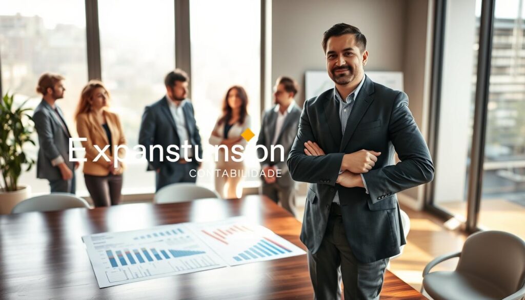 A professional setting in São Bernardo do Campo illustrating "tax audit prevention strategies." In the foreground, a confident consultant in smart business attire (e.g., blazer and dress shirt) engages with a diverse group of clients. The clients, also dressed in business casual clothes, look attentive and involved. In the middle ground, a modern office with charts and documents related to tax regulations and compliance on a polished wooden table. In the background, large windows provide natural light, casting soft shadows and adding a warm atmosphere. The scene conveys professionalism, collaboration, and careful planning, with the brand name "Expansion Contabilidade" subtly incorporated into the decor. Soft, focused lighting enhances the mood, creating a sense of trust and expertise.