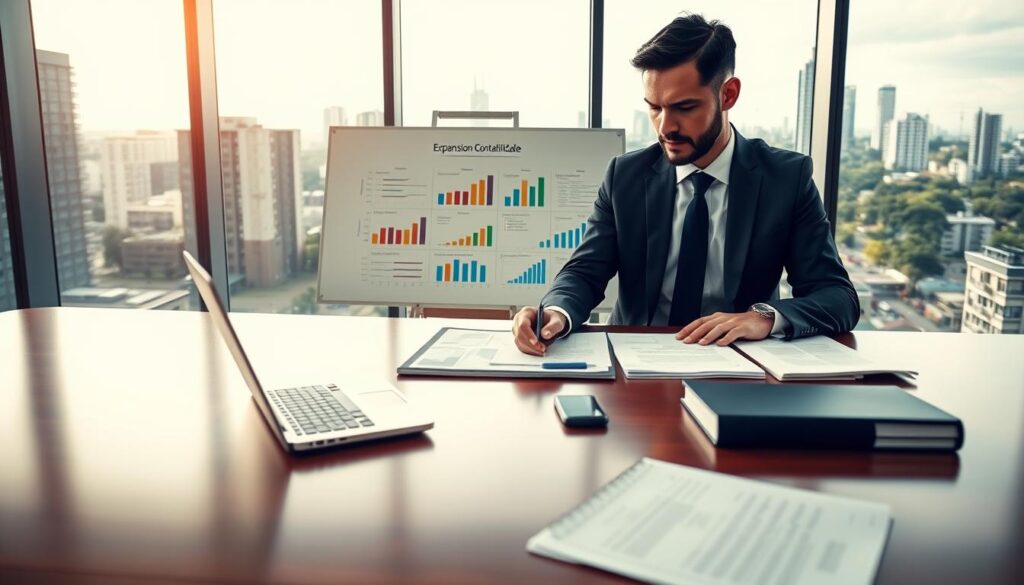 A sleek, modern office setting in São Bernardo do Campo, focusing on a contemporary workspace. In the foreground, a professional accountant, dressed in smart business attire, reviews financial documents on a polished wooden desk adorned with a laptop, calculator, and notebooks. In the middle, a large whiteboard displays colorful graphs and financial strategies, showcasing the expertise of "Expansion Contabilidade." The background features floor-to-ceiling windows with a view of a bustling cityscape, filled with office buildings and greenery. Soft, natural lighting filters through the windows, creating a warm, inviting atmosphere. The overall mood conveys professionalism, expertise, and a commitment to supporting medium-sized businesses in their tax accounting needs.