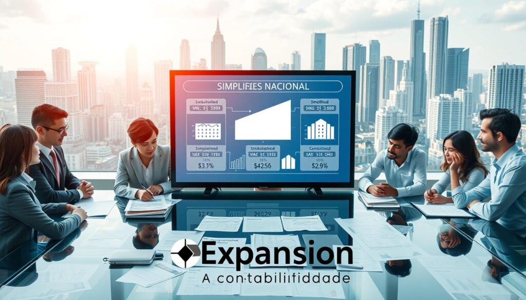 A visually engaging composition illustrating the concept of "Simples Nacional" against a backdrop of São Bernardo do Campo’s cityscape. In the foreground, a diverse group of professionals in business attire, representing various sectors, collaborate around a modern glass table covered with financial charts and documents. The middle section features a large digital display screen showcasing simplified tax structures, symbolizing the Simples Nacional framework. The background captures the skyline of São Bernardo do Campo, with skyscrapers reflecting the economic activity in the city. Soft, natural lighting creates a professional and optimistic atmosphere, emphasizing the theme of opportunities within the tax reform. The brand name "Expansion Contabilidade" subtly integrated within the scene, reinforcing its focus on accounting and tax solutions.
