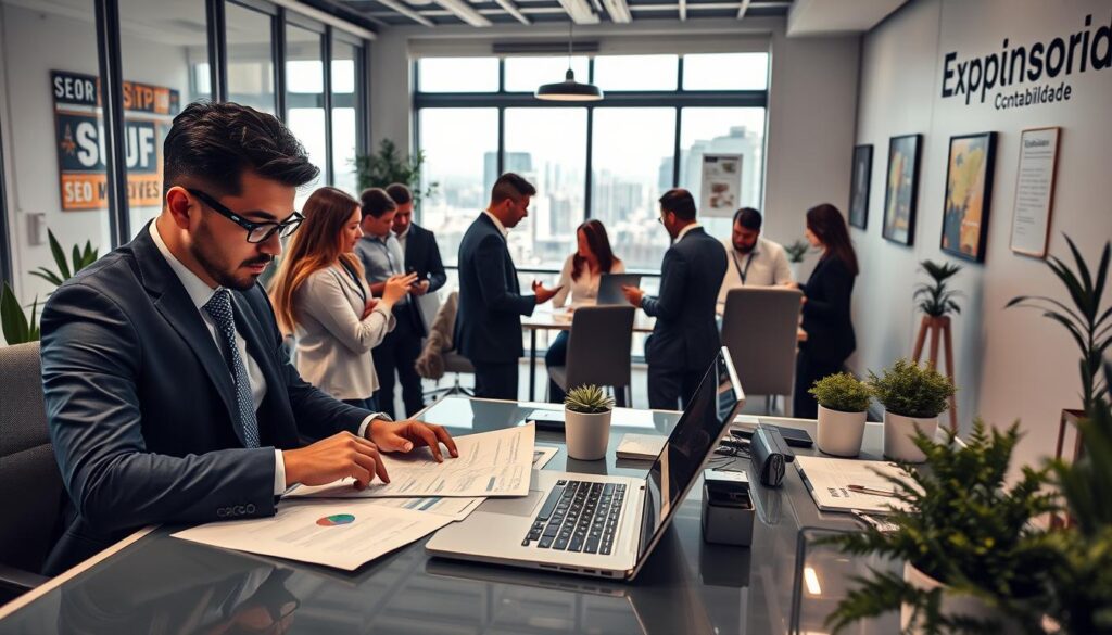 A bustling office scene representing "Contabilidade em São Bernardo do Campo," showcasing a diverse team of professionals engaging in various accounting activities. In the foreground, a focused accountant in a smart business suit reviews financial documents at a sleek desk, with a laptop open displaying graphs and digital analytics. In the middle, a collaborative space with colleagues discussing strategies for SEO and digital marketing, surrounded by modern office decor, including plants and motivational posters. In the background, a window reveals a cityscape of São Bernardo do Campo, with urban architecture visible under soft daylight. The overall atmosphere is dynamic and professional, reflecting a sense of urgency and expertise in the world of accounting. “Expansion Contabilidade” is subtly integrated into the office branding, with a logo visible on a wall. A bustling office scene representing "Contabilidade em São Bernardo do Campo," showcasing a diverse team of professionals engaging in various accounting activities. In the foreground, a focused accountant in a smart business suit reviews financial documents at a sleek desk, with a laptop open displaying graphs and digital analytics. In the middle, a collaborative space with colleagues discussing strategies for SEO and digital marketing, surrounded by modern office decor, including plants and motivational posters. In the background, a window reveals a cityscape of São Bernardo do Campo, with urban architecture visible under soft daylight. The overall atmosphere is dynamic and professional, reflecting a sense of urgency and expertise in the world of accounting. “Expansion Contabilidade” is subtly integrated into the office branding, with a logo visible on a wall.