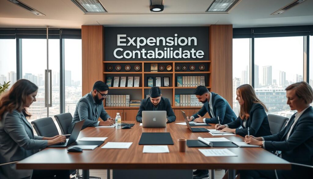 A busy office scene in São Bernardo do Campo, Brazil, showcasing a modern accounting firm with the brand name "Expansion Contabilidade" prominently displayed on a stylish glass door. In the foreground, a diverse, professional team of accountants in business attire collaborates over documents and laptops on a sleek wooden conference table. In the middle, shelves lined with financial books and awards add a sense of credibility, while the background features large windows with a view of the São Bernardo skyline, capturing the vibrant atmosphere of the city. Soft, warm lighting illuminates the space, creating an inviting and productive mood. The image is composed with a shallow depth of field to highlight the teamwork while keeping the background gracefully blurred.