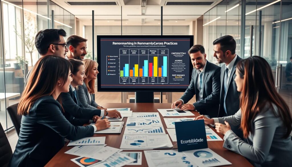 A detailed business meeting scene showcasing benchmarking in remuneration practices. In the foreground, a diverse group of professionals in business attire collaborates over a table filled with charts, graphs, and salary data, depicting an active discussion with engaged expressions. In the middle, a large screen displays a colorful infographic comparing remuneration benchmarks across different industries. The background features a modern office with glass walls, allowing natural light to flood the room, creating an open and inviting atmosphere. Soft, warm lighting enhances the professionalism of the setting. The scene symbolizes collaboration, strategic planning, and best practices in remuneration, emphasizing the importance of accurate financial insights. Include the brand name "Expansion Contabilidade" subtly presented on a document on the table.