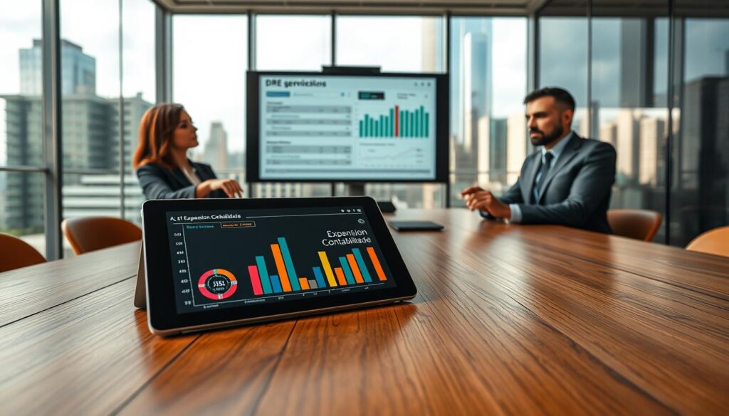 A detailed perspective of a corporate meeting room focused on a "DRE gerencial" report. In the foreground, a modern wooden table featuring a digital tablet displaying colorful graphs and charts related to financial data. A professional, well-dressed businesswoman and businessman are engaged in discussion, pointing at the tablet. They should wear smart business attire, exuding confidence and professionalism. In the middle ground, a large presentation screen shows a detailed DRE report with key financial metrics. The background features large windows with a view of a bustling cityscape, allowing natural light to fill the room. The overall atmosphere is serious and focused, ideal for illustrating the importance of financial reporting in decision-making. The brand name "Expansion Contabilidade" can subtly be on the tablet screen. The angle captures the room from a slightly elevated perspective, emphasizing engagement and clarity. A detailed perspective of a corporate meeting room focused on a "DRE gerencial" report. In the foreground, a modern wooden table featuring a digital tablet displaying colorful graphs and charts related to financial data. A professional, well-dressed businesswoman and businessman are engaged in discussion, pointing at the tablet. They should wear smart business attire, exuding confidence and professionalism. In the middle ground, a large presentation screen shows a detailed DRE report with key financial metrics. The background features large windows with a view of a bustling cityscape, allowing natural light to fill the room. The overall atmosphere is serious and focused, ideal for illustrating the importance of financial reporting in decision-making. The brand name "Expansion Contabilidade" can subtly be on the tablet screen. The angle captures the room from a slightly elevated perspective, emphasizing engagement and clarity.