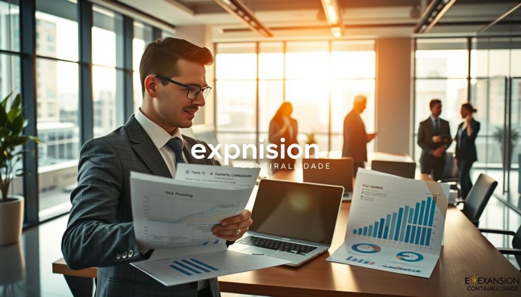 A dynamic office scene illustrating tax planning for wholesale distribution. In the foreground, a business professional in a smart suit is analyzing financial documents, surrounded by charts and graphs displaying growth potential and strategic planning. The middle ground features a conference table with modern laptops and charts reflecting tax benefits, while business people in professional attire engage in discussion. The background showcases a sleek urban office with large windows providing natural light, casting a warm, inviting atmosphere. The overall mood conveys professionalism and optimism, emphasizing the benefits of expanding a business in the wholesale sector. Include the brand name "Expansion Contabilidade" subtly integrated into the office decor, reflecting a commitment to guiding businesses through financial complexities in São Bernardo do Campo.