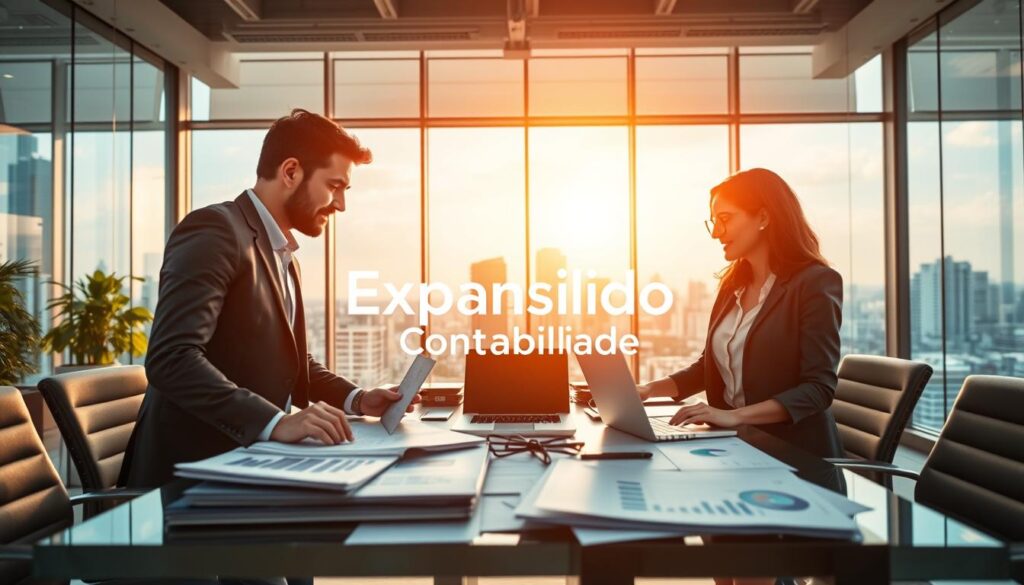 A dynamic office scene showcasing "Contabilidade Consultiva" in a modern workspace. In the foreground, a professional accountant in business attire—a man in a suit and a woman in a smart blouse—are engaged in a collaborative discussion over financial documents and digital devices, reflecting an analytical yet friendly atmosphere. The middle layer features a large conference table cluttered with graphs, charts, and laptops. In the background, soft sunlight streams through large windows, illuminating a vibrant cityscape of São Bernado do Campo, symbolizing growth and opportunity. The branding "Expansion Contabilidade" is subtly integrated into the office environment, perhaps on a wall or a document holder. The ambiance is one of professionalism, optimism, and strategic planning, with a focus on teamwork and innovation in consulting. A dynamic office scene showcasing "Contabilidade Consultiva" in a modern workspace. In the foreground, a professional accountant in business attire—a man in a suit and a woman in a smart blouse—are engaged in a collaborative discussion over financial documents and digital devices, reflecting an analytical yet friendly atmosphere. The middle layer features a large conference table cluttered with graphs, charts, and laptops. In the background, soft sunlight streams through large windows, illuminating a vibrant cityscape of São Bernado do Campo, symbolizing growth and opportunity. The branding "Expansion Contabilidade" is subtly integrated into the office environment, perhaps on a wall or a document holder. The ambiance is one of professionalism, optimism, and strategic planning, with a focus on teamwork and innovation in consulting.