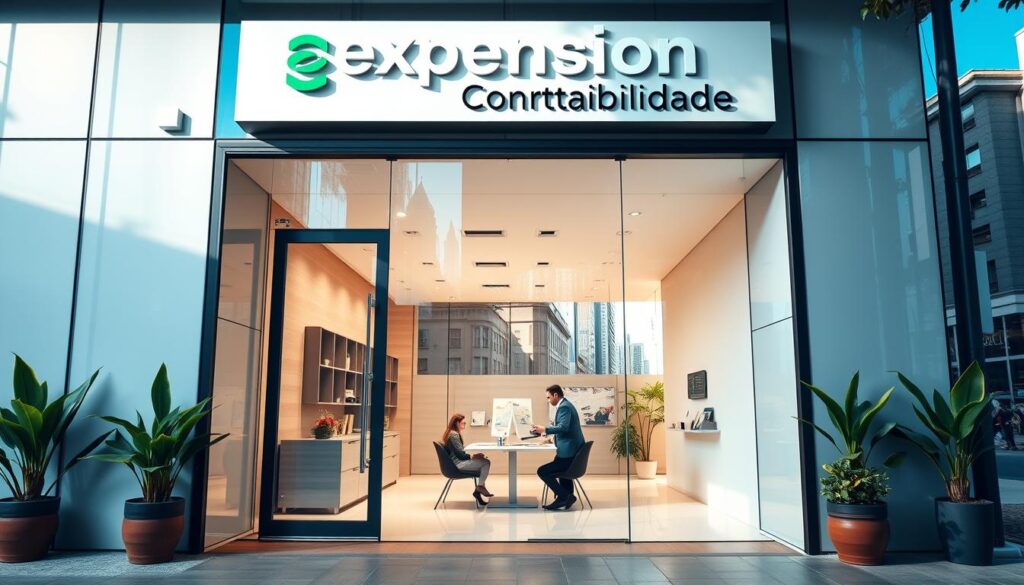 A modern accounting office exterior in São Bernardo do Campo, featuring the brand name "Expansion Contabilidade" prominently displayed above the entrance. The foreground includes a sleek, glass door entryway, with potted plants on either side. In the middle ground, a well-organized workspace with a clear view of professional accountants, dressed in business attire, collaborating over financial documents at a contemporary table. The background features a bustling urban street, sunny day ambiance, with tall buildings and a clear blue sky. Soft, natural lighting illuminates the scene, creating an inviting atmosphere that conveys professionalism and accessibility. The angle is slightly elevated, capturing both the office and the vibrant street life around it, emphasizing the importance of location in choosing an accounting firm. A modern accounting office exterior in São Bernardo do Campo, featuring the brand name "Expansion Contabilidade" prominently displayed above the entrance. The foreground includes a sleek, glass door entryway, with potted plants on either side. In the middle ground, a well-organized workspace with a clear view of professional accountants, dressed in business attire, collaborating over financial documents at a contemporary table. The background features a bustling urban street, sunny day ambiance, with tall buildings and a clear blue sky. Soft, natural lighting illuminates the scene, creating an inviting atmosphere that conveys professionalism and accessibility. The angle is slightly elevated, capturing both the office and the vibrant street life around it, emphasizing the importance of location in choosing an accounting firm.