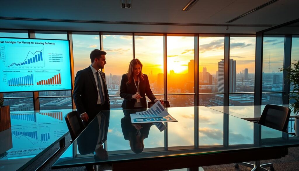 A modern and dynamic office scene depicting strategic accounting in São Bernardo do Campo, focusing on the brand "Expansion Contabilidade." In the foreground, two professionals in smart business attire discuss financial charts on a sleek glass table, emphasizing teamwork and strategy. The middle ground features vibrant projection screens displaying graphs and trends related to tax planning for growing businesses, creating a sense of innovation. The background includes panoramic windows with a view of São Bernardo do Campo's skyline at sunset, casting warm, golden light across the room, enhancing the atmosphere of ambition and growth. The overall mood is one of collaboration, professionalism, and forward-thinking in the realm of strategic accounting.