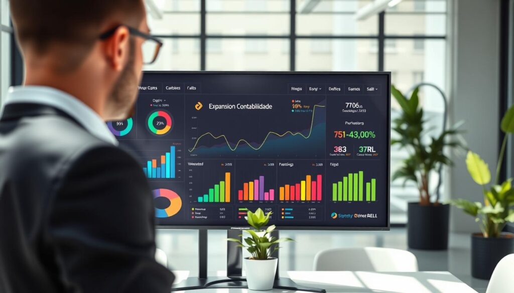 A modern digital dashboard displayed on a large screen in an office environment. The dashboard showcases colorful graphs and data visualizations, highlighting financial metrics such as profit margins, sales growth, and cash flow. In the foreground, a professional business person in business attire analyzes the data, with a focused expression. In the middle, the dashboard interface features sleek design elements, incorporating the brand name "Expansion Contabilidade" prominently. The background reveals a well-lit office space with contemporary furniture and green plants, promoting a productive atmosphere. Use bright, natural lighting to create an inviting mood, with a slight depth of field effect to emphasize the dashboard while softly blurring the background. The angle is a three-quarters view, capturing both the dashboard and the professional.