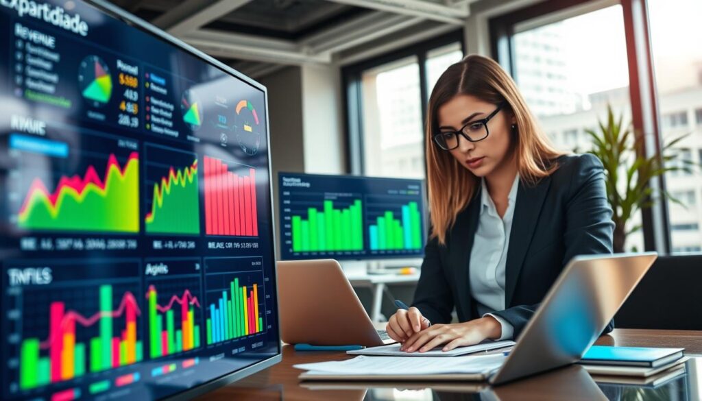 A modern financial dashboard designed for a corporate setting, featuring various colorful graphs and charts displaying key financial metrics like revenue, expenses, and profit margins. In the foreground, a sleek digital screen showcases dynamic financial data visualization, with bright colors for clarity and detail. The middle ground includes a professional female accountant in business attire, deeply engaged as she analyzes the data, surrounded by contemporary office equipment such as laptops and notepads. The background gives a glimpse of an urban office space with large windows, allowing natural light to flood in, creating a vibrant and focused atmosphere. The overall mood is one of professionalism and analytical insight, embodying the essence of the financial industry, branded subtly with "Expansion Contabilidade" on a visible area of the dashboard.