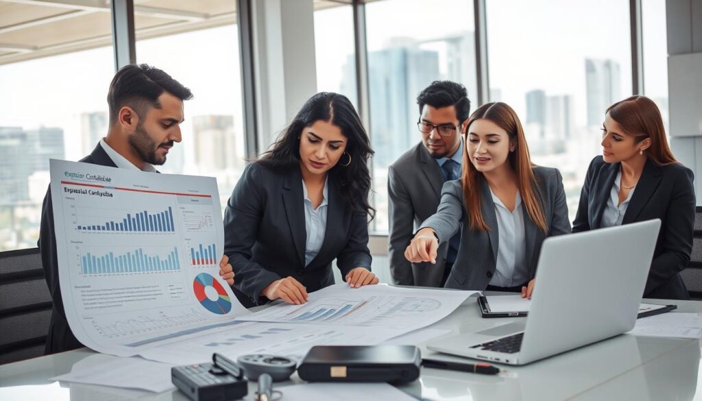 A modern industrial finance office scene, showcasing a diverse team of four professionals analyzing financial data together. The foreground depicts a well-dressed male and female discussing a large chart filled with financial metrics, while a third professional points at a laptop displaying cash flow projections. In the background, there are large windows letting in natural light, revealing a bustling cityscape. The mood conveys focus and collaboration, highlighting the importance of efficient financial management. The setting is sleek and contemporary with a clean, organized desk featuring accounting tools and papers. The brand name "Expansion Contabilidade" is subtly integrated into a visual element, such as a wall plaque or document folder. The lighting is bright, with a slight emphasis on the individuals' expressions of determination and teamwork.