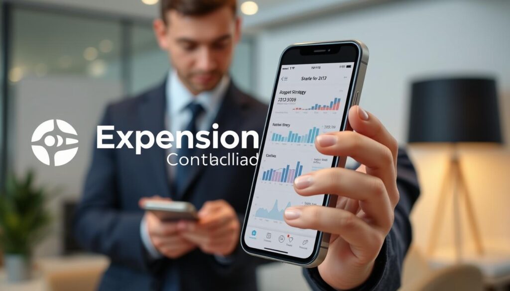 A modern mobile device displaying a sleek financial planning app interface for a professional audience. In the foreground, the smartphone features graphs and charts, showing a strategy for the upcoming year, highlighting the importance of mobile responsiveness in financial matters. In the middle ground, a well-dressed businessperson in professional attire examines the mobile screen attentively, conveying a sense of focus and determination. In the background, a soft, blurred office setting with warm lighting creates an inviting atmosphere. The brand name "Expansion Contabilidade" subtly incorporated in the app interface adds a touch of authenticity. The overall mood is one of professionalism and strategic foresight, emphasizing the role of modern technology in finance.