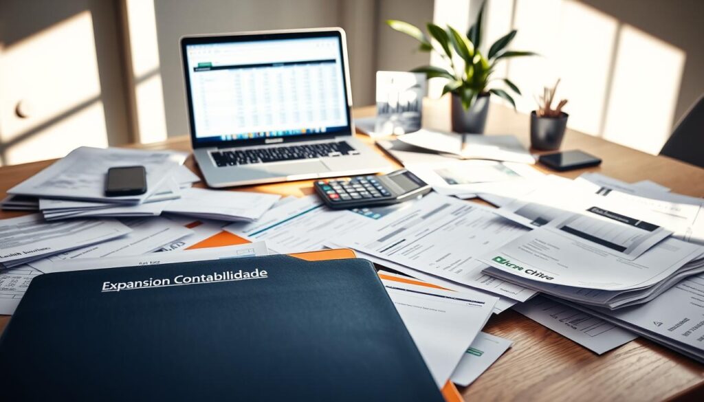 A modern office desk scattered with various fiscal documentation. In the foreground, a well-organized file folder labeled "Expansion Contabilidade" alongside tax forms, invoices, and receipts, all in clear view. In the middle background, a sleek laptop displays spreadsheets, with a stylish calculator and a green plant adding a touch of life. Soft, natural lighting streams in through a window, casting gentle shadows that highlight the details on the papers. The office ambiance is professional yet comfortable, evoking a sense of diligence and attention to detail. The overall atmosphere suggests meticulous organization and the importance of maintaining accurate fiscal records. A modern office desk scattered with various fiscal documentation. In the foreground, a well-organized file folder labeled "Expansion Contabilidade" alongside tax forms, invoices, and receipts, all in clear view. In the middle background, a sleek laptop displays spreadsheets, with a stylish calculator and a green plant adding a touch of life. Soft, natural lighting streams in through a window, casting gentle shadows that highlight the details on the papers. The office ambiance is professional yet comfortable, evoking a sense of diligence and attention to detail. The overall atmosphere suggests meticulous organization and the importance of maintaining accurate fiscal records.