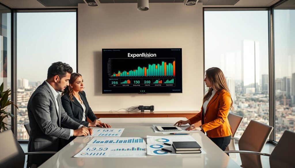 A modern office environment focused on accounting management after a company's establishment in São Bernardo do Campo. In the foreground, a diverse team of three professionals in formal business attire is engaged in a collaborative discussion over financial charts and digital reports on a sleek conference table. The middle layer features a large wall-mounted screen displaying the brand name "Expansion Contabilidade" with financial graphs and metrics. In the background, large windows allow natural light to flood the room, illuminating a vibrant urban landscape outside. The atmosphere is one of productivity and innovation, with warm lighting highlighting the team’s focused expressions and the professional yet welcoming decor.