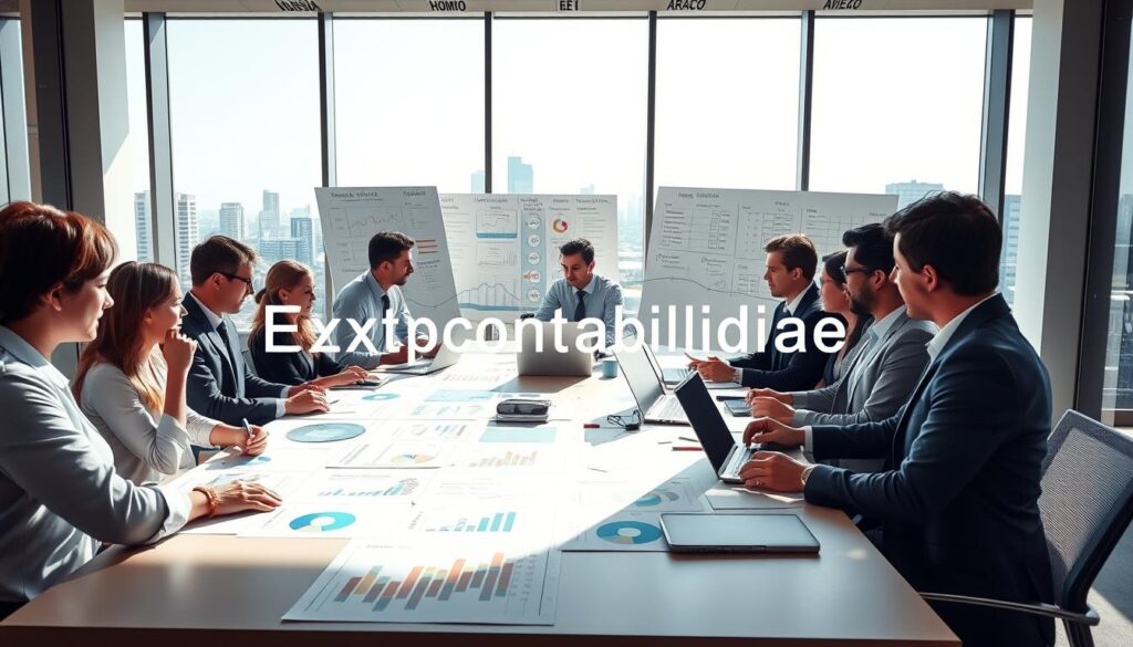 A modern office environment focused on industrial pricing strategies, featuring a large conference table with charts and graphs showcasing pricing structures. In the foreground, a group of diverse professionals dressed in business attire passionately discussing data, surrounded by laptops and notebooks. The middle ground displays whiteboards filled with pricing metrics and strategic outlines. The background reveals large windows with an urban skyline of São Bernardo do Campo, under natural daylight that creates a dynamic and motivating atmosphere. Soft shadows and clear focus on the professionals convey a sense of collaboration and insight. The brand name "Expansion Contabilidade" is subtly implied in the setting, evoking professionalism and attention to detail. A modern office environment focused on industrial pricing strategies, featuring a large conference table with charts and graphs showcasing pricing structures. In the foreground, a group of diverse professionals dressed in business attire passionately discussing data, surrounded by laptops and notebooks. The middle ground displays whiteboards filled with pricing metrics and strategic outlines. The background reveals large windows with an urban skyline of São Bernardo do Campo, under natural daylight that creates a dynamic and motivating atmosphere. Soft shadows and clear focus on the professionals convey a sense of collaboration and insight. The brand name "Expansion Contabilidade" is subtly implied in the setting, evoking professionalism and attention to detail.