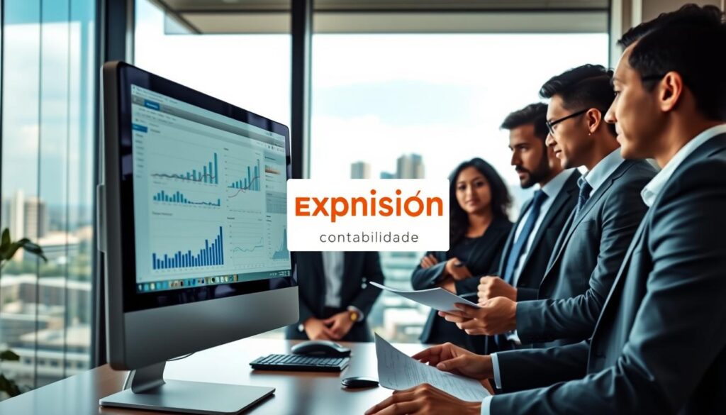A modern office environment showcasing accounting management software in action. In the foreground, a sleek computer monitor displays graphs, charts, and financial data, indicating effective tax planning strategies. In the middle, a diverse group of three professionals dressed in smart business attire collaborate, analyzing the software together. Ensure their expressions reflect focus and determination. In the background, a large window reveals a skyline view of São Bernardo do Campo, complementing the business setting. Soft, natural lighting illuminates the room, creating a productive atmosphere. Emphasize the logo of "Expansion Contabilidade" subtly on a digital screen or a document in the scene. The mood should convey innovation, teamwork, and efficiency in accounting practices, ideal for the theme of tools and resources for planning.