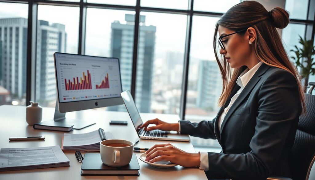 A modern office environment showcasing the concept of SEO and digital marketing for accounting firms, specifically highlighting "Expansion Contabilidade". In the foreground, a professional businesswoman in formal attire examines digital analytics on a laptop screen, with charts and graphs displayed. In the middle ground, a sleek desk cluttered with accounting books, a smartphone, and coffee, symbolizes the blend of traditional accounting with modern digital strategies. The background features large windows letting in natural light, illuminating a cityscape of São Bernardo do Campo, suggesting an urban business atmosphere. The overall mood is focused and productive, conveying a sense of urgency and importance for accountants to adapt to new digital marketing trends. Soft, ambient lighting enhances the professional ambiance, emphasizing clarity and inspiration. A modern office environment showcasing the concept of SEO and digital marketing for accounting firms, specifically highlighting "Expansion Contabilidade". In the foreground, a professional businesswoman in formal attire examines digital analytics on a laptop screen, with charts and graphs displayed. In the middle ground, a sleek desk cluttered with accounting books, a smartphone, and coffee, symbolizes the blend of traditional accounting with modern digital strategies. The background features large windows letting in natural light, illuminating a cityscape of São Bernardo do Campo, suggesting an urban business atmosphere. The overall mood is focused and productive, conveying a sense of urgency and importance for accountants to adapt to new digital marketing trends. Soft, ambient lighting enhances the professional ambiance, emphasizing clarity and inspiration.