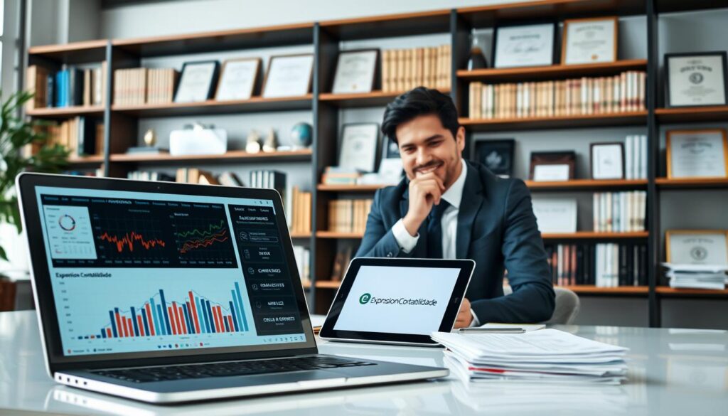 A modern office environment showcasing various accounting software tools and technology. In the foreground, a sleek laptop with an open screen displaying financial graphs and data analytics. Beside it, a tablet showcasing the brand "Expansion Contabilidade" and an organized stack of business papers. In the middle ground, a professional accountant in business attire, thoughtfully analyzing data on the laptop, with a warm smile, exuding confidence and approachability. The background features bookshelves filled with accounting books and framed certificates, subtly lit by natural daylight pouring in through large windows. The atmosphere is focused and efficient, reflecting a blend of traditional values and modern technology in accounting practices, highlighting the evolution of tools used by accountants in São Bernardo do Campo. A modern office environment showcasing various accounting software tools and technology. In the foreground, a sleek laptop with an open screen displaying financial graphs and data analytics. Beside it, a tablet showcasing the brand "Expansion Contabilidade" and an organized stack of business papers. In the middle ground, a professional accountant in business attire, thoughtfully analyzing data on the laptop, with a warm smile, exuding confidence and approachability. The background features bookshelves filled with accounting books and framed certificates, subtly lit by natural daylight pouring in through large windows. The atmosphere is focused and efficient, reflecting a blend of traditional values and modern technology in accounting practices, highlighting the evolution of tools used by accountants in São Bernardo do Campo.