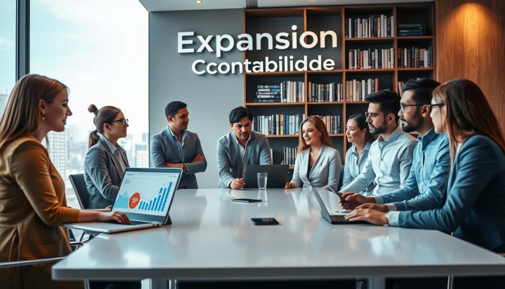 A modern office in São Bernardo do Campo, showcasing the concept of high-level accounting services. In the foreground, a diverse group of professionals, dressed in business attire, are engaged in a strategic meeting around a sleek conference table. They are discussing a laptop screen displaying analytics and SEO data, reflecting a focus on business visibility. The middle ground features a large window with a cityscape view, illuminated by natural light. Behind them, a bookshelf filled with accounting and business strategy books adds depth to the scene. The atmosphere is one of collaboration and professionalism, with warm lighting creating an inviting ambiance. Prominently displayed on the office wall is the brand name "Expansion Contabilidade," emphasizing their commitment to excellence in accounting services.
