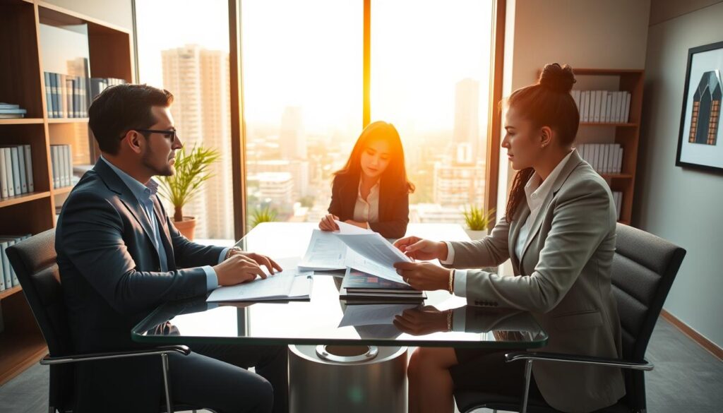 A modern office interior representing "Expansion Contabilidade" in São Bernardo do Campo, focusing on a professional setting. In the foreground, a diverse group of two business people—one male and one female—discussing financial reports at a sleek glass table, both dressed in professional business attire. The middle ground features a large window showcasing a vibrant cityscape with soft afternoon sunlight pouring in, casting warm golden hues. In the background, elegant bookshelves filled with financial literature and a framed logo of "Expansion Contabilidade" on the wall. The atmosphere is collaborative and strategic, reflecting an optimistic mood about financial planning. The scene uses natural lighting with a slight lens flare to enhance depth and warmth, captured from a low angle to create an inviting and dynamic composition. A modern office interior representing "Expansion Contabilidade" in São Bernardo do Campo, focusing on a professional setting. In the foreground, a diverse group of two business people—one male and one female—discussing financial reports at a sleek glass table, both dressed in professional business attire. The middle ground features a large window showcasing a vibrant cityscape with soft afternoon sunlight pouring in, casting warm golden hues. In the background, elegant bookshelves filled with financial literature and a framed logo of "Expansion Contabilidade" on the wall. The atmosphere is collaborative and strategic, reflecting an optimistic mood about financial planning. The scene uses natural lighting with a slight lens flare to enhance depth and warmth, captured from a low angle to create an inviting and dynamic composition.