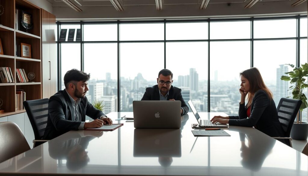 A modern office scene showcasing a team of professional accountants from Expansion Contabilidade working collaboratively in São Bernardo do Campo. In the foreground, a diverse group of three accountants—two men and one woman—are seated around a sleek conference table, engaged in discussion with financial documents and laptops open in front of them. Middle ground features a large window with a view of São Bernardo do Campo's skyline, allowing natural light to flood the room, creating a warm and inviting atmosphere. The background displays shelves filled with business books and awards, symbolizing professionalism and expertise. Soft, diffused lighting enhances the productivity vibe. The mood conveys trust and teamwork, emphasizing how Expansion Contabilidade can support businesses in their growth journey.