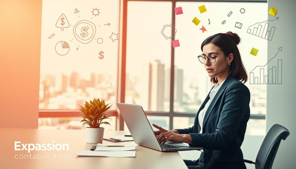 A modern office setting, bright and airy, focused on content creation. In the foreground, a professional woman dressed in business attire is working intently on her laptop, surrounded by notes and colorful post-it papers. She has a thoughtful expression, as she brainstorms original ideas to create value. In the middle ground, a large window allows natural light to flood the space, showcasing a cityscape of São Bernardo do Campo. On a desk nearby, a stylish plant adds a touch of greenery, promoting a creative atmosphere. In the background, abstract illustrations of numbers and graphs subtly represent financial concepts, hinting at the connection between content and accounting. The overall mood is vibrant and inspiring, symbolizing innovation and professionalism. A small logo for "Expansion Contabilidade" is integrated discreetly into the scene, ensuring brand visibility.