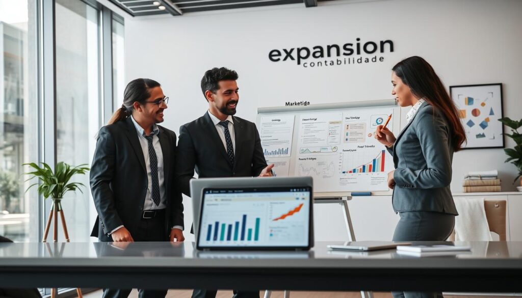 A modern office setting depicting "SEO e Marketing Digital para Escritórios de Contabilidade". In the foreground, a diverse group of three professionals in smart business attire are engaged in a lively discussion, with a laptop open in front of them showcasing analytics and SEO data. In the middle ground, a large whiteboard filled with marketing strategies, keywords, and graphs can be seen, suggesting a brainstorming session. The background shows a sleek, contemporary office with large windows letting in natural light, illuminating the environment and creating a productive atmosphere. The brand name "Expansion Contabilidade" is subtly integrated into the office decor, such as on a wall art or gift item, enhancing the theme without being overpowering. The mood is collaborative and innovative, focusing on growth potential in digital marketing for accounting firms in São Bernardo do Campo.