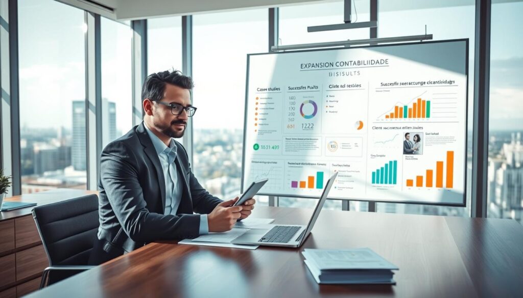 A modern office setting displaying the concept of strategic accounting results. In the foreground, a confident business professional dressed in smart attire, sitting at a sleek wooden desk, reviewing charts and graphs on a laptop, surrounded by financial documents. The middle layer shows a large whiteboard covered with successful case studies and analytics, highlighting growth trends and client success stories. The background features panoramic windows with a view of São Bernardo do Campo, letting in natural light, which creates a bright and optimistic atmosphere. Soft shadows enhance the professionalism of the scene. Include the brand name "Expansion Contabilidade" subtly integrated into one of the charts. The overall mood is inspired and ambitious, reflecting the successes of high-level accounting.