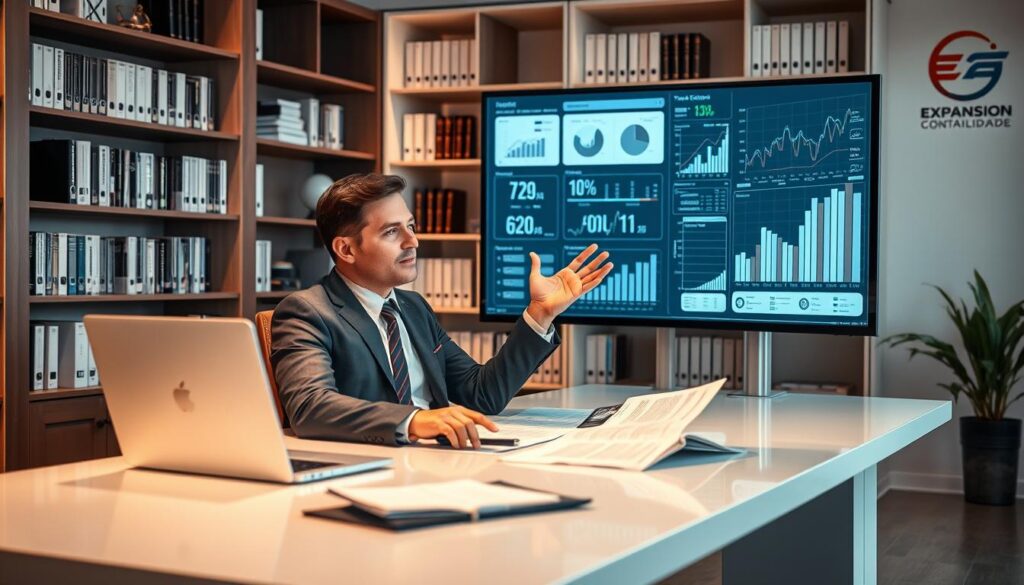 A modern office setting featuring a professional consultant seated at a sleek desk, analyzing tax documents with a laptop open, looking confident and focused. The consultant, dressed in formal business attire, gestures towards a large, interactive screen displaying graphs and tax strategies. In the background, bookshelves filled with accounting books create an atmosphere of expertise. Soft, warm lighting illuminates the room, creating a welcoming and productive environment. A subtle logo of "Expansion Contabilidade" is visible on a nearby wall. The composition captures a sense of clarity and professionalism, conveying the importance of tax consultancy for business decisions.