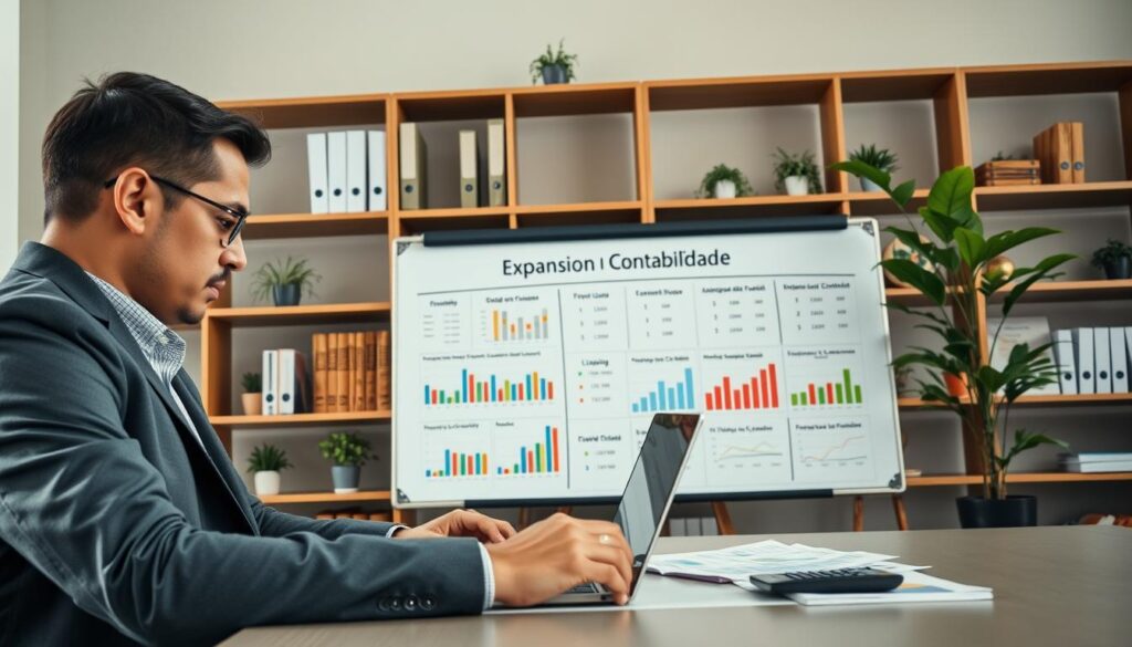 A modern office setting focused on retail accounting in São Bernardo do Campo, featuring a professional accountant analyzing financial charts and stock reports on a sleek laptop. The foreground shows a well-dressed person in business attire, intently focused on the screen, with documents and a calculator nearby, signifying expertise. In the middle, a large whiteboard displays colorful graphs and calculations related to taxation and inventory control, with the brand name "Expansion Contabilidade" prominently featured. The background includes shelves with neatly arranged financial books and office plants, creating a vibrant yet professional atmosphere. Soft, natural lighting illuminates the space, enhancing the sense of diligence and expertise, while the angle captures an inviting yet sophisticated perspective. A modern office setting focused on retail accounting in São Bernardo do Campo, featuring a professional accountant analyzing financial charts and stock reports on a sleek laptop. The foreground shows a well-dressed person in business attire, intently focused on the screen, with documents and a calculator nearby, signifying expertise. In the middle, a large whiteboard displays colorful graphs and calculations related to taxation and inventory control, with the brand name "Expansion Contabilidade" prominently featured. The background includes shelves with neatly arranged financial books and office plants, creating a vibrant yet professional atmosphere. Soft, natural lighting illuminates the space, enhancing the sense of diligence and expertise, while the angle captures an inviting yet sophisticated perspective.