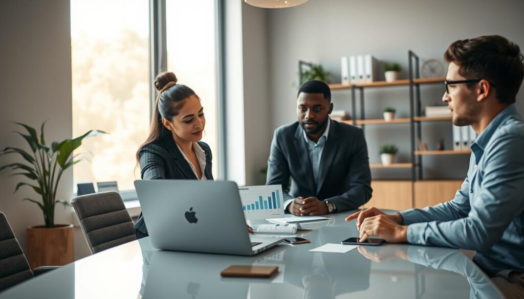 A modern office setting for "Expansion Contabilidade" in São Bernardo do Campo, featuring a well-organized workspace. In the foreground, a diverse group of three professionals in business attire engage in a collaborative meeting around a sleek conference table. The woman, a Hispanic accountant, is pointing at financial charts displayed on a laptop, while two men, one Black and one Caucasian, look on with interest. The middle ground showcases a large window with sunlight streaming in, illuminating the room and creating a warm, inviting atmosphere. In the background, a shelf lined with accounting books and a potted plant adds a touch of sophistication. The overall feel is dynamic and professional, suggesting strategic partnership and growth. Soft, natural lighting enhances the mood, captured with a slight depth of field to focus on the team.