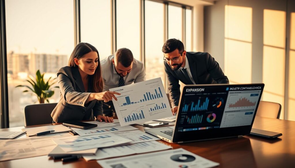 A modern office setting in São Bernardo do Campo, showcasing a diverse group of three professionals engaged in strategic discussions over a large table filled with financial documents, charts, and a laptop displaying industry analytics. The foreground features a female accountant in business attire, pointing at a financial report, as two male colleagues lean in, analyzing data together. In the background, a large window allows warm, natural light to fill the room, casting soft shadows. The scene embodies a collaborative and productive atmosphere, highlighting the theme of strategic accounting. The brand "Expansion Contabilidade" is subtly implied through branding on the documents and laptop screen without showing any logos. The overall mood is professional and optimistic, suggesting growth and innovation in the industrial sector.