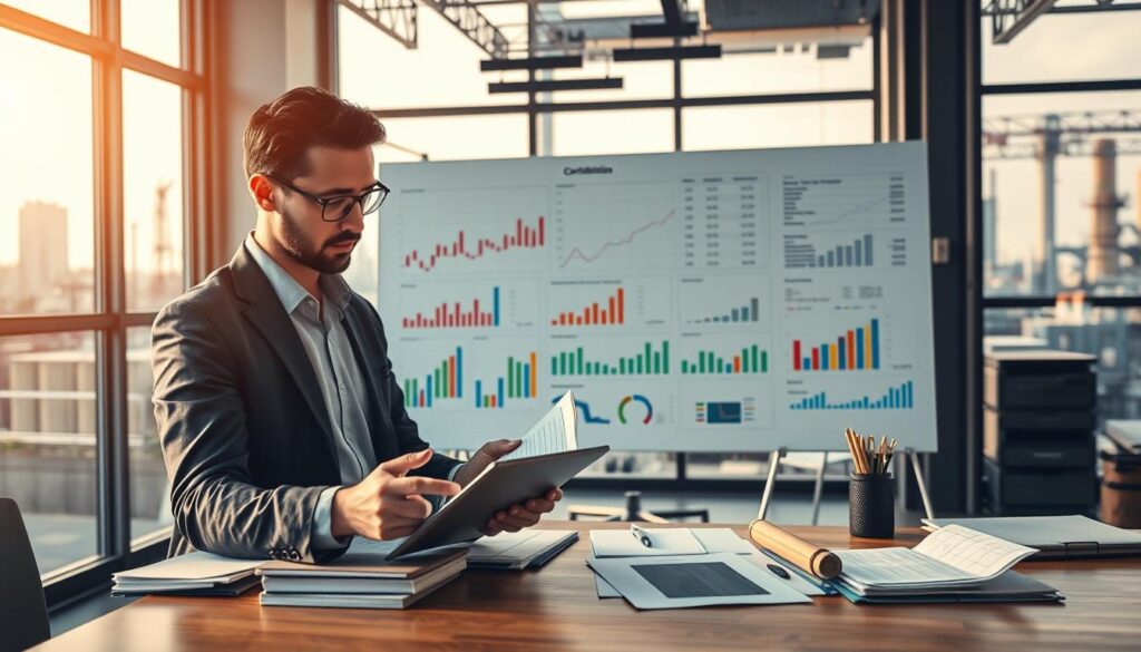 A modern office space featuring an industrial-themed decor, emphasizing the concept of financial results in medium-sized industries. In the foreground, a professional accountant in business attire meticulously analyzes graphs on a tablet, surrounded by documents and spreadsheets. The middle ground includes a large whiteboard displaying colorful charts and financial data, symbolizing the pulse of the business. The background reveals an industrial skyline view through large windows, with soft, warm afternoon sunlight filtering in, creating a productive atmosphere. The entire scene should evoke a sense of diligence and precision in financial management. Include subtle branding elements of "Expansion Contabilidade" on the accountant's desk and on the whiteboard charts. The image should be framed to highlight the action of analysis, shot from a slightly elevated angle to capture all elements harmoniously.