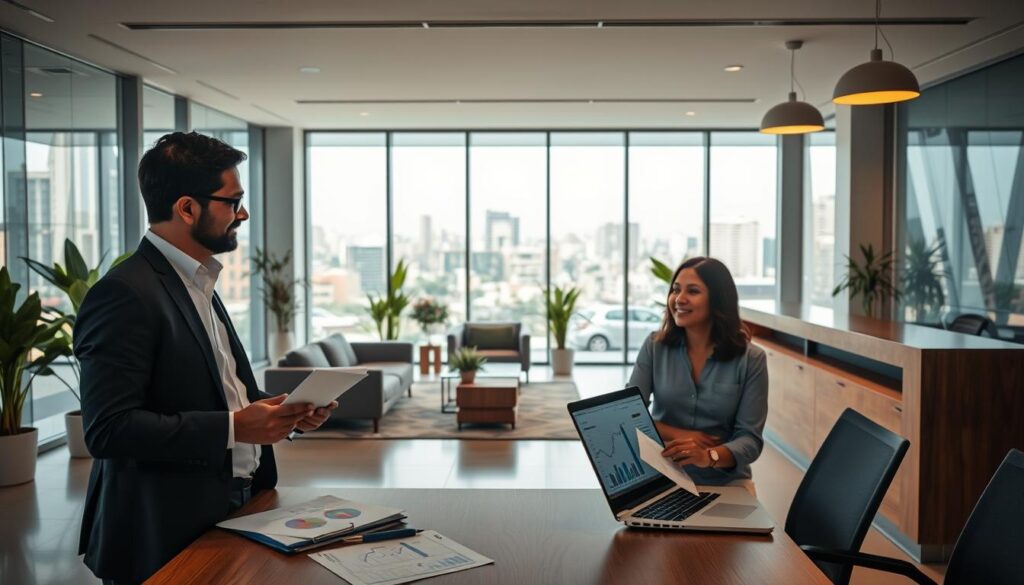 A modern office space for a personalized accounting consultancy named "Expansion Contabilidade." In the foreground, a professional accountant, dressed in business attire, engages in a friendly conversation with a client, surrounded by accounting documents and a laptop displaying financial graphs. In the middle, an inviting reception area with comfortable seating, potted plants, and a sleek front desk, offering a warm and professional atmosphere. The background features large windows letting in natural light, showcasing a vibrant cityscape of São Bernardo do Campo. Soft, warm lighting creates an atmosphere of trust and professionalism. The overall mood should convey collaboration, expertise, and the importance of personalized service in accounting.