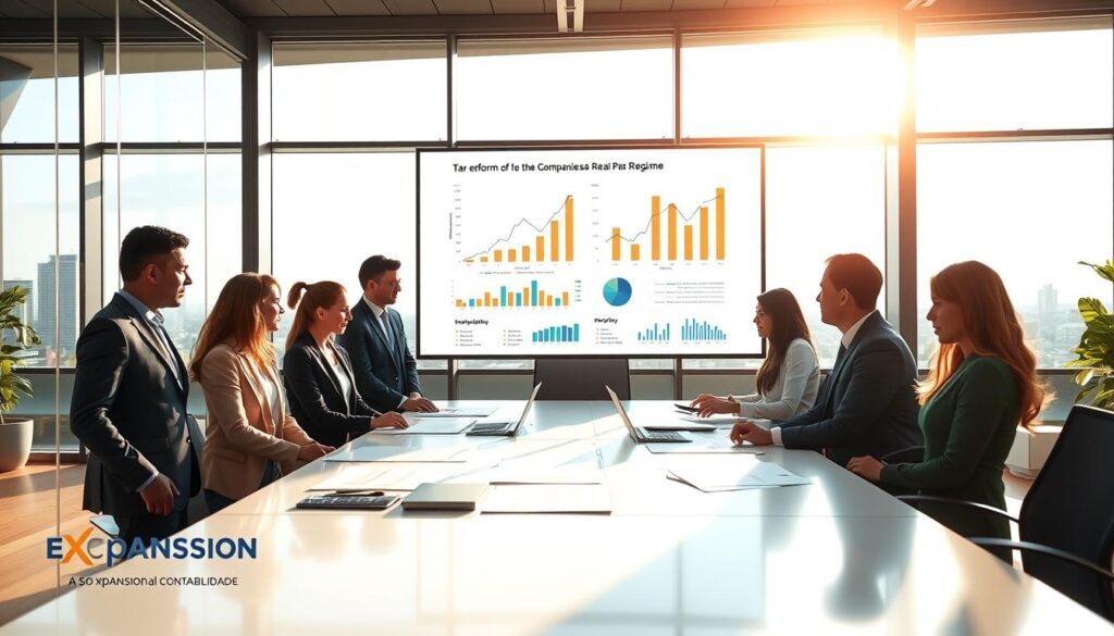 A modern office space in São Bernardo do Campo focused on accounting, showcasing a professional atmosphere. In the foreground, a diverse group of business professionals in smart attire, actively discussing financial documents and data on a sleek table. The middle section features a large digital screen displaying graphs and analytics related to tax reform, emphasizing the theme of profitability for companies on the Real Profit regime. The background captures a large window with a view of the city skyline, bathed in warm, natural light, creating a vibrant and optimistic atmosphere. Branding elements include the logo of "Expansion Contabilidade" subtly integrated into the office decor. The overall mood is dynamic and forward-thinking, reflecting the advantages of accounting in the ABC region. A modern office space in São Bernardo do Campo focused on accounting, showcasing a professional atmosphere. In the foreground, a diverse group of business professionals in smart attire, actively discussing financial documents and data on a sleek table. The middle section features a large digital screen displaying graphs and analytics related to tax reform, emphasizing the theme of profitability for companies on the Real Profit regime. The background captures a large window with a view of the city skyline, bathed in warm, natural light, creating a vibrant and optimistic atmosphere. Branding elements include the logo of "Expansion Contabilidade" subtly integrated into the office decor. The overall mood is dynamic and forward-thinking, reflecting the advantages of accounting in the ABC region.