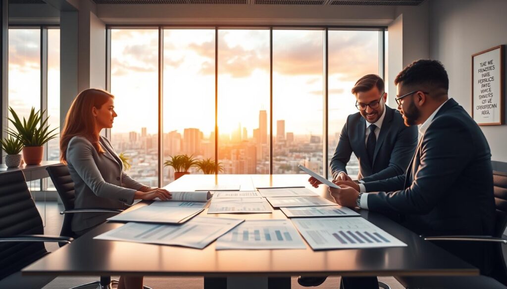A modern office space representing "Expansion Contabilidade" in São Bernado do Campo. In the foreground, a diverse group of three professionals, dressed in business attire, are engaged in a collaborative discussion over financial documents spread on a sleek conference table. In the middle ground, a large window showcases a vibrant city skyline during sunset, casting warm, golden light into the room, creating an inviting atmosphere. The background features contemporary décor with potted plants and motivational quotes framed on the walls. The image should capture a sense of partnership and success, with an emphasis on teamwork and strategic planning in a dynamic business environment. The shot should be slightly angled to enhance depth, ensuring a professional and polished appearance throughout. A modern office space representing "Expansion Contabilidade" in São Bernado do Campo. In the foreground, a diverse group of three professionals, dressed in business attire, are engaged in a collaborative discussion over financial documents spread on a sleek conference table. In the middle ground, a large window showcases a vibrant city skyline during sunset, casting warm, golden light into the room, creating an inviting atmosphere. The background features contemporary décor with potted plants and motivational quotes framed on the walls. The image should capture a sense of partnership and success, with an emphasis on teamwork and strategic planning in a dynamic business environment. The shot should be slightly angled to enhance depth, ensuring a professional and polished appearance throughout.