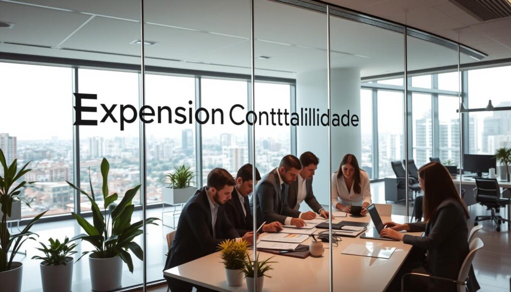 A modern office space with sleek and professional design, featuring the brand name "Expansion Contabilidade" prominently on a glass wall, reflecting a sense of growth and innovation. In the foreground, a diverse group of business professionals in smart attire collaborate around a conference table, reviewing financial documents and digital devices. The middle ground showcases a bright, open workspace with plants and ergonomic furniture, conveying a productive atmosphere. In the background, large windows reveal a bustling cityscape of São Bernardo do Campo, with sunlight streaming through, creating a warm and inviting feel. The lighting is bright and natural, emphasizing a sense of professionalism and teamwork. The overall mood is optimistic and forward-thinking, ideal for conveying a strategic partnership in accounting.