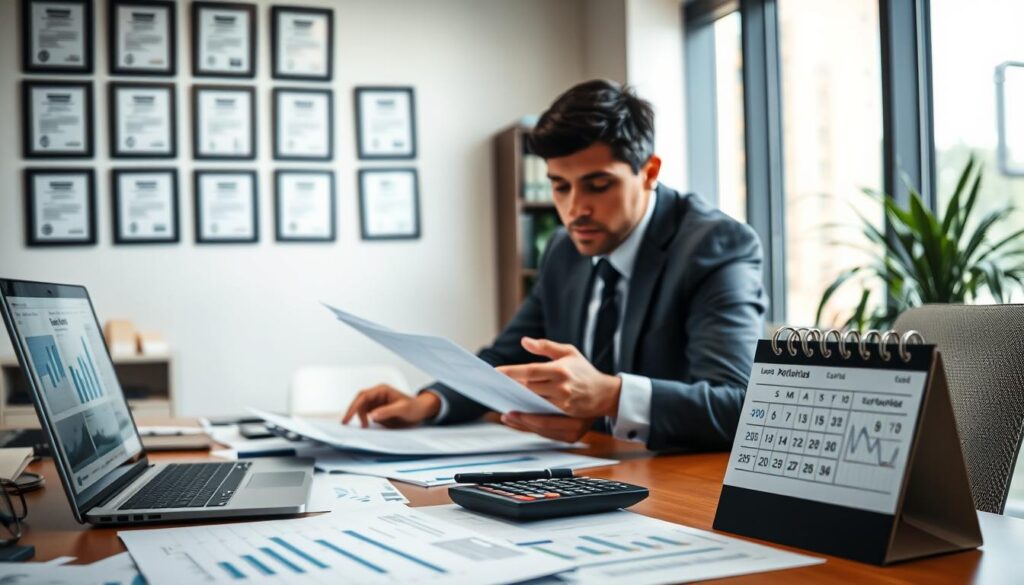 A professional accountant, dressed in business attire, reviews financial documents in a modern office setting, symbolizing the importance of choosing the right contador. In the foreground, a desk cluttered with financial reports, a laptop displaying graphs, and a calculator, capturing the essence of meticulous accounting work. The middle ground reveals a wall adorned with framed certifications, highlighting a commitment to professionalism. The background features large windows letting in natural light, creating a bright and inviting atmosphere. A soft focus emphasizes the accountant's serious expression, reflecting their dedication to avoiding common mistakes when selecting a contador. The brand name "Expansion Contabilidade" subtly integrated into a calendar on the desk, enhancing the professional setting without overpowering the image.