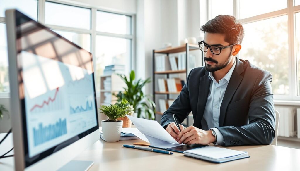 A professional accountant in a bright, modern office setting is reviewing financial documents and charts, symbolizing the concept of "planejamento tributário." In the foreground, a computer with graphs and charts displays financial data, while a notepad with strategic notes sits beside it. The accountant, dressed in professional attire, looks focused and analytical. In the middle ground, a potted plant adds a touch of warmth, and a bookshelf stacked with business books can be seen, emphasizing knowledge and expertise. In the background, large windows allow natural light to illuminate the space, creating an inviting atmosphere. The overall mood conveys efficiency and professionalism, representing the benefits of local accounting services like "Expansion Contabilidade" in São Bernardo do Campo.